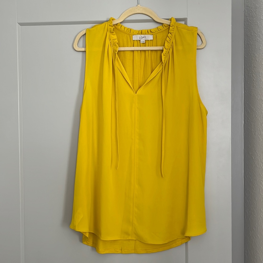 Loft Yellow Mixed Media Sleeveless Top with Ruffle Neck and Tie